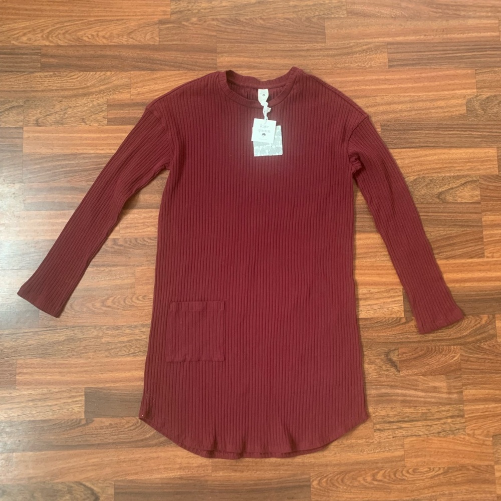 Kate Quinn New Ribbed Long Sleeve Pocket Dress Girls 13-14 Burgundy RN 113087